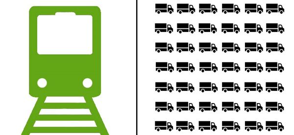Infografik mit einem Zug-Icon und zahlreichen Lkw-Icons.