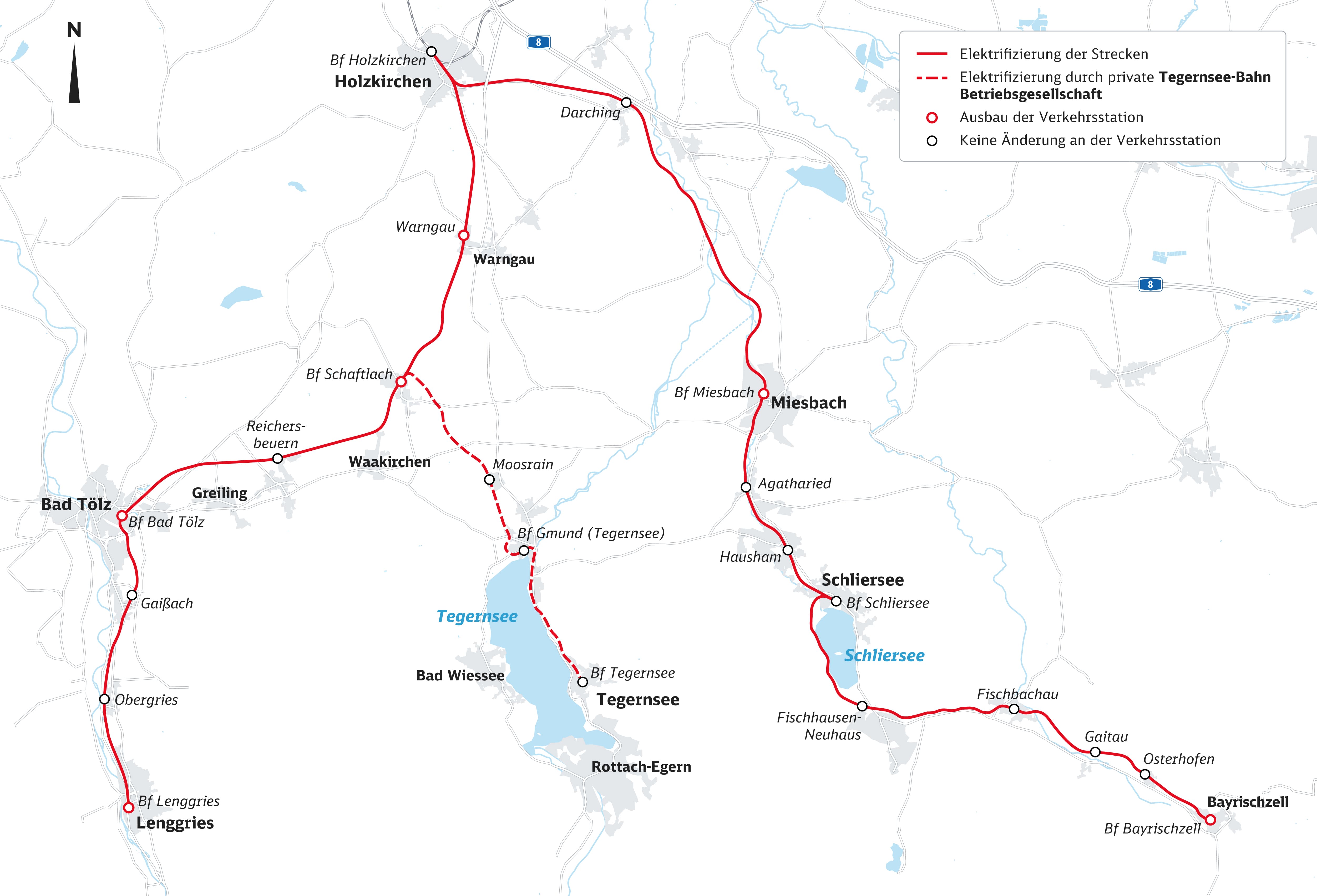 Streckenverläufe in rot markiert im Netzgebiet Oberland in Bayern